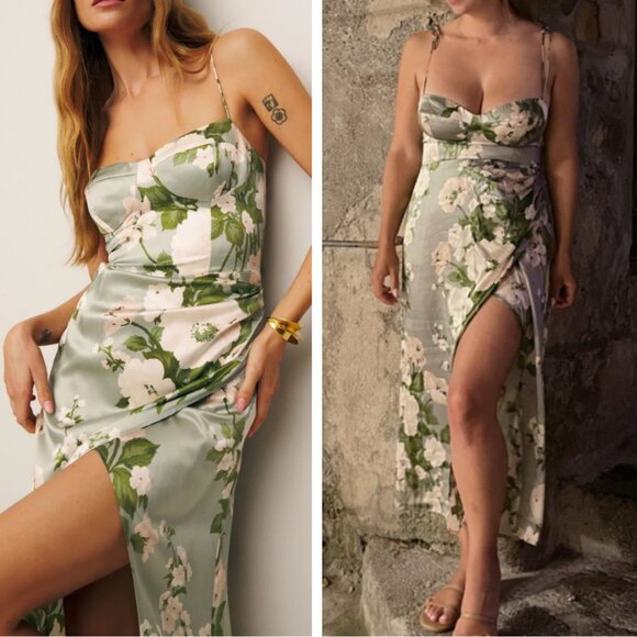BEST Reformation Marguerite Silk Midi Dress Tarragon Green Floral Cocktail Party - Picture 1 of 12
